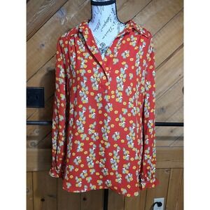 Cabi Red Floral Long Sleeve V-Neck Blouse Yellow Green Print Vintage Style